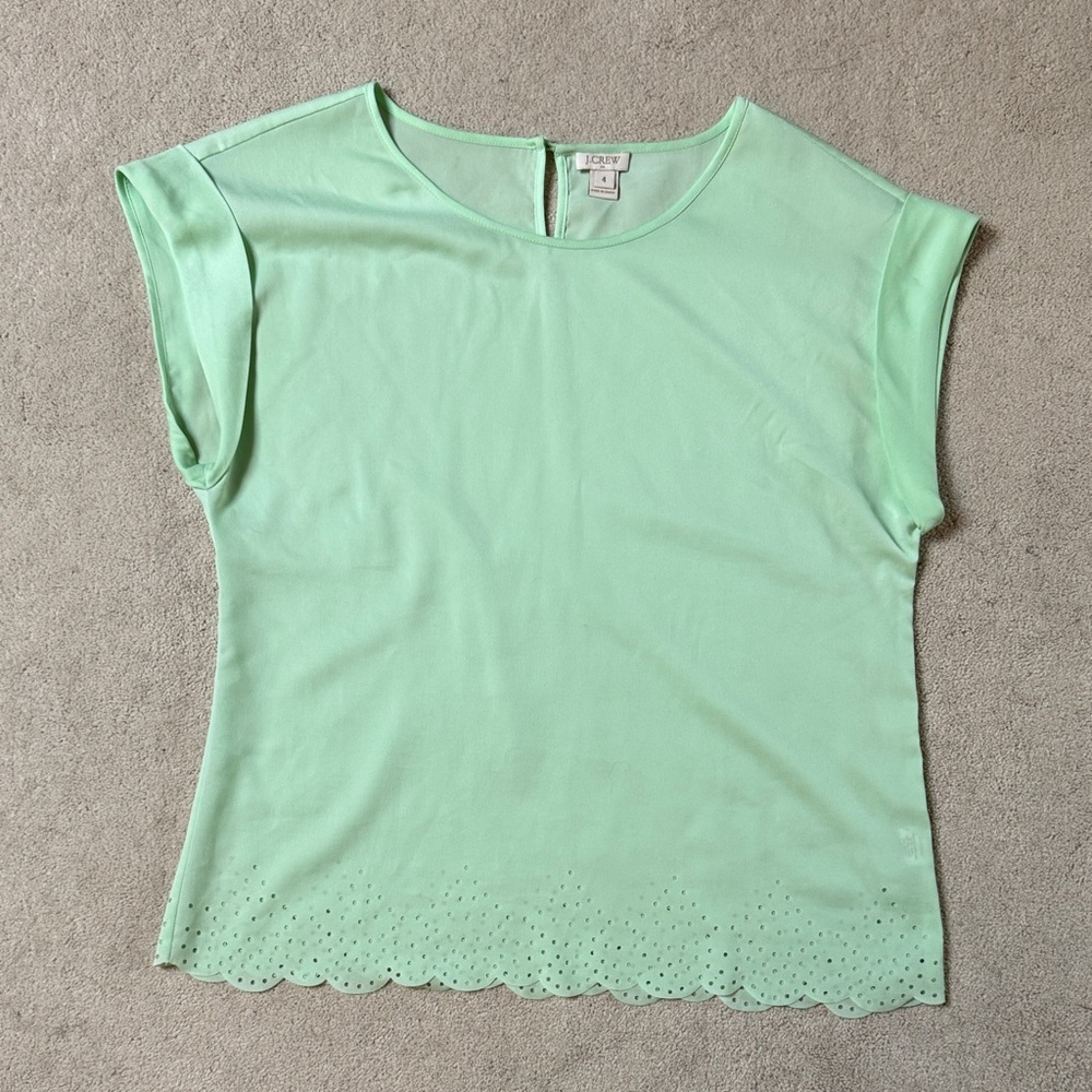 J. Crew Mint Green Scalloped Eyelet-Hem Short Sleeve Tee
